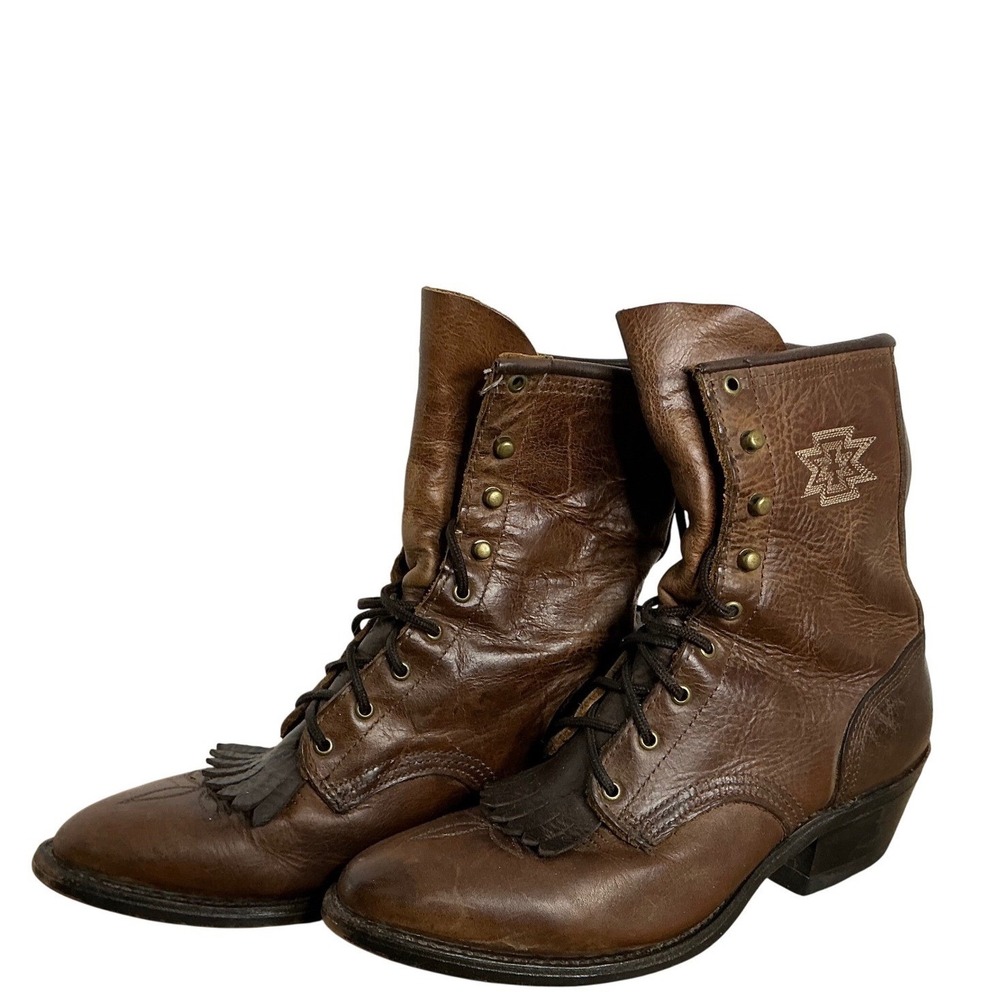 Abilene Women's 6M Western Lace Up Cowboy Boots Brown Leather Fringe USA Made
